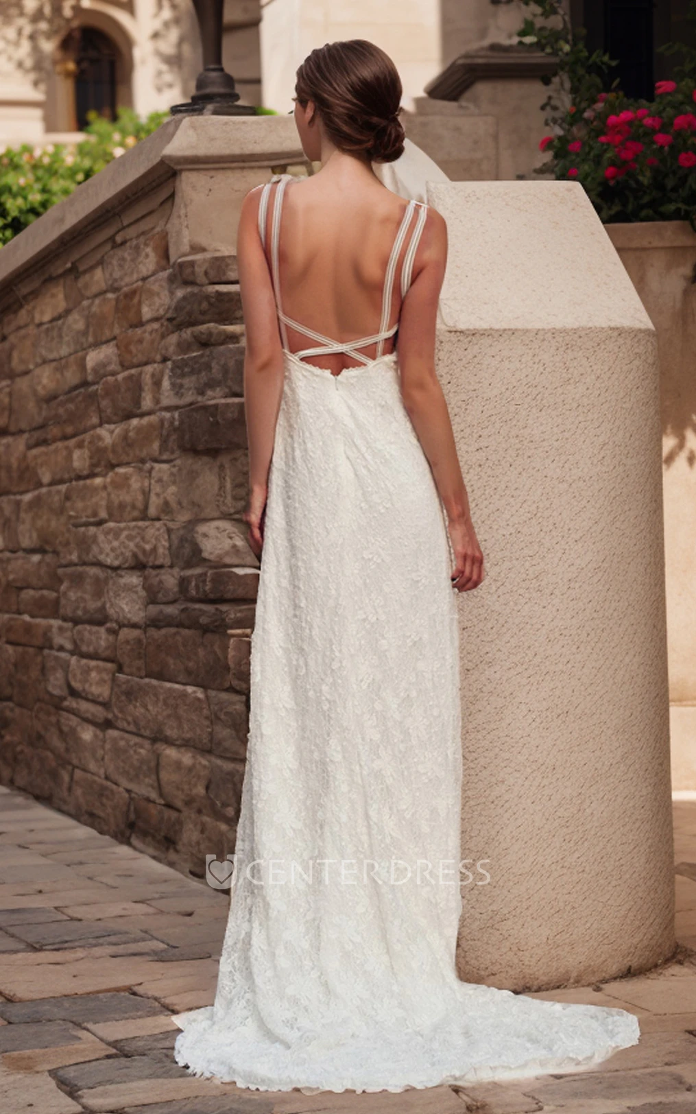 Bohemian Lace Sexy Cross Straps Back Sleeveless Sheath Spaghetti Floor-length Split Front Wedding Dress