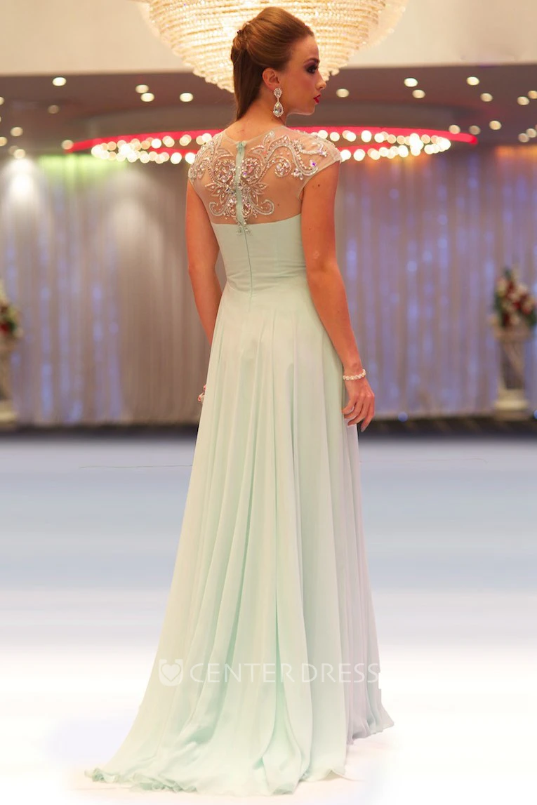 A-Line Cap-Sleeve Floor-Length Jewel-Neck Empire Beaded Chiffon Prom Dress