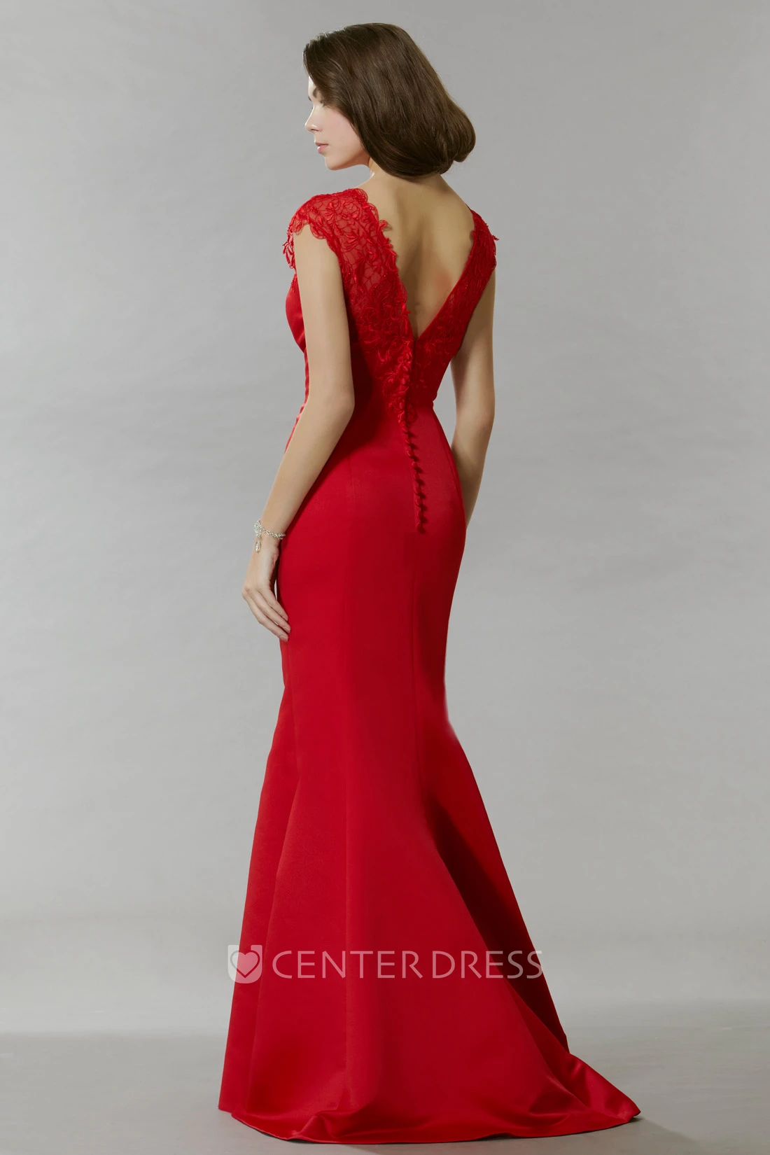 Mermaid Cap-Sleeve Lace Scoop Maxi Satin Prom Dress With Low-V Back And Sweep Train