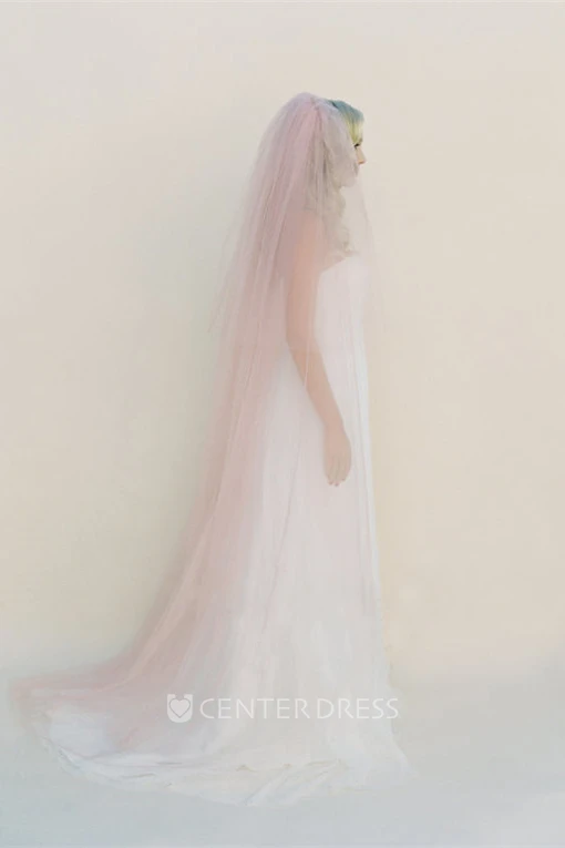 Pink Simple Soft Trailing Plain Tulle Veil