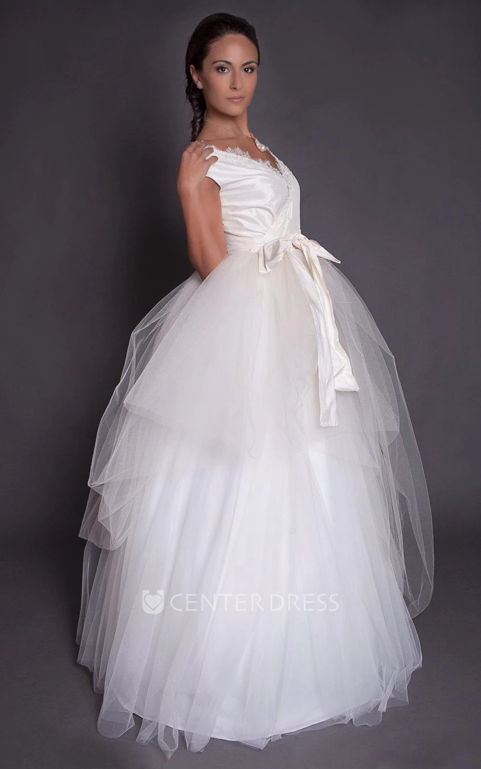 Asymmetrical Tulle Lace Taffeta Dress With Beading Zipper