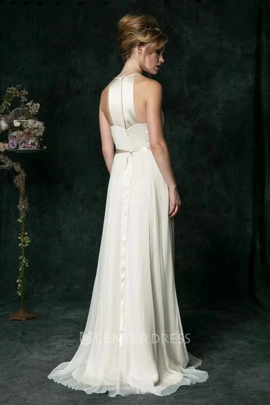 Ethereal Chiffon Halter Sleeveless Bridal Gown with Sash