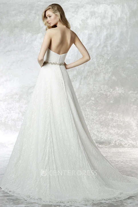 Floor-Length A-Line Jeweled Strapless Lace Wedding Dress With Brush Train