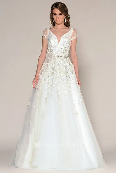 A-Line Short-Sleeve Beaded Floor-Length V-Neck Tulle Wedding Dress With Embroidery And Flower