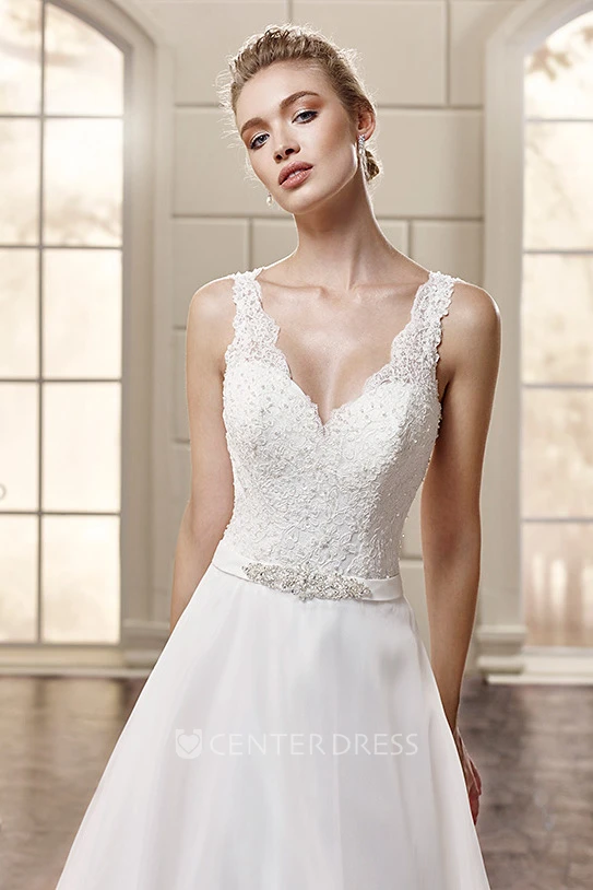 A-Line Floor-Length Appliqued V-Neck Sleeveless Lace&Satin Winter Wedding Dress With Waist Jewellery
