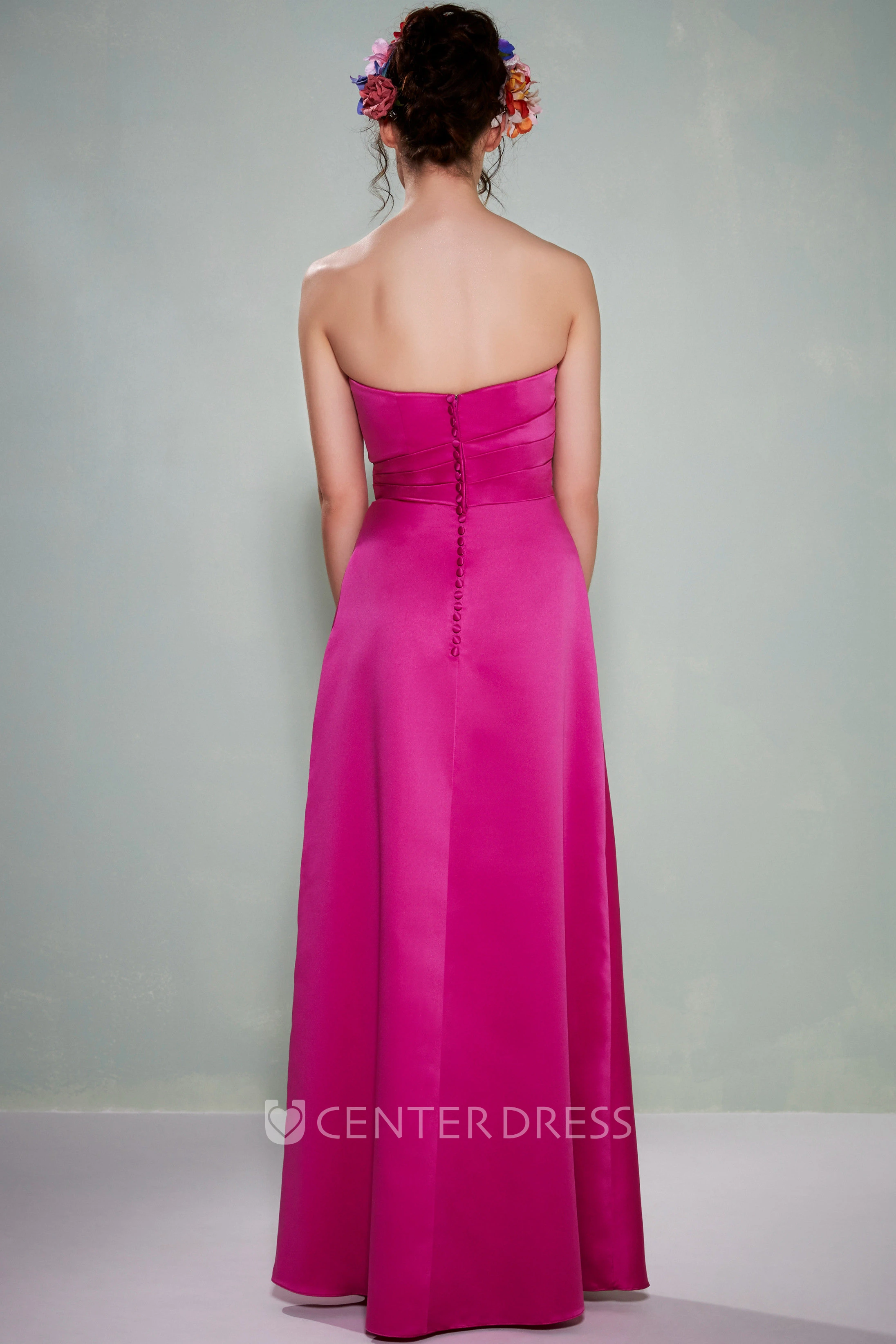 Floor-Length Ruched Strapless Satin Bridesmaid Dress With Waist Jewellery