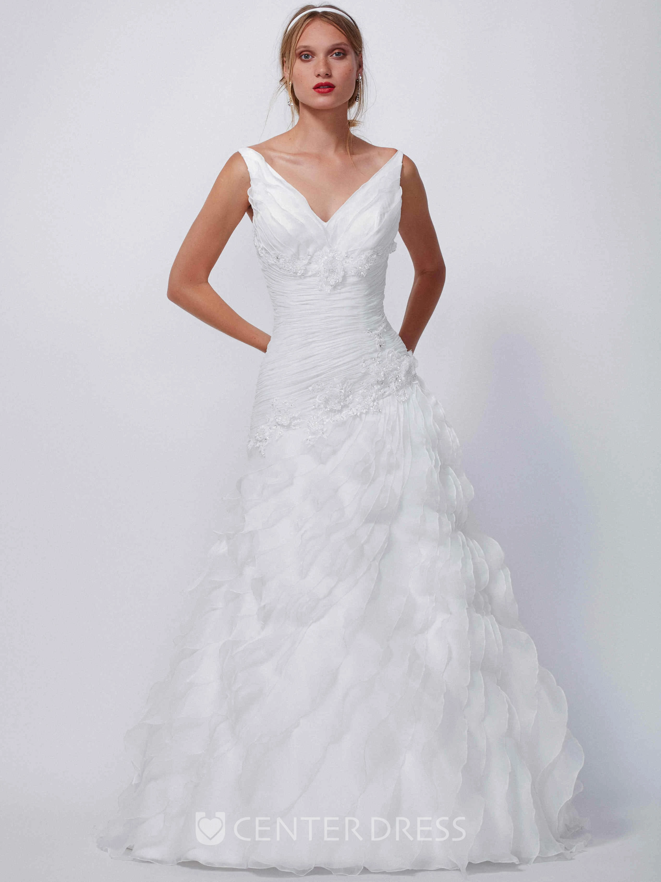 A-Line Sleeveless Ruched Maxi V-Neck Organza Wedding Dress With Tiers And Flower