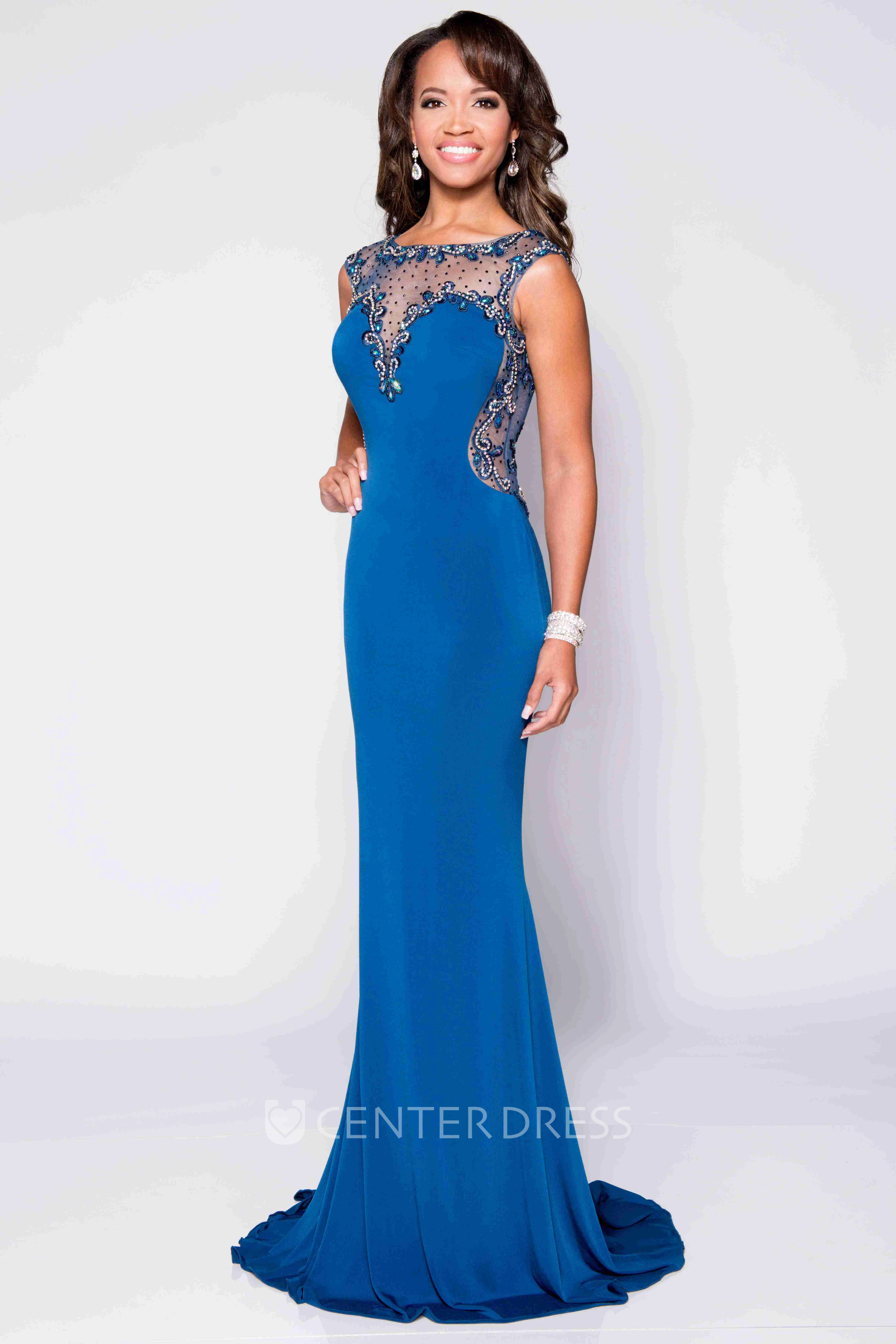 Bateau Neck Jersey Sheath Sleeveless Prom Dress With Jeweled Illusion Design