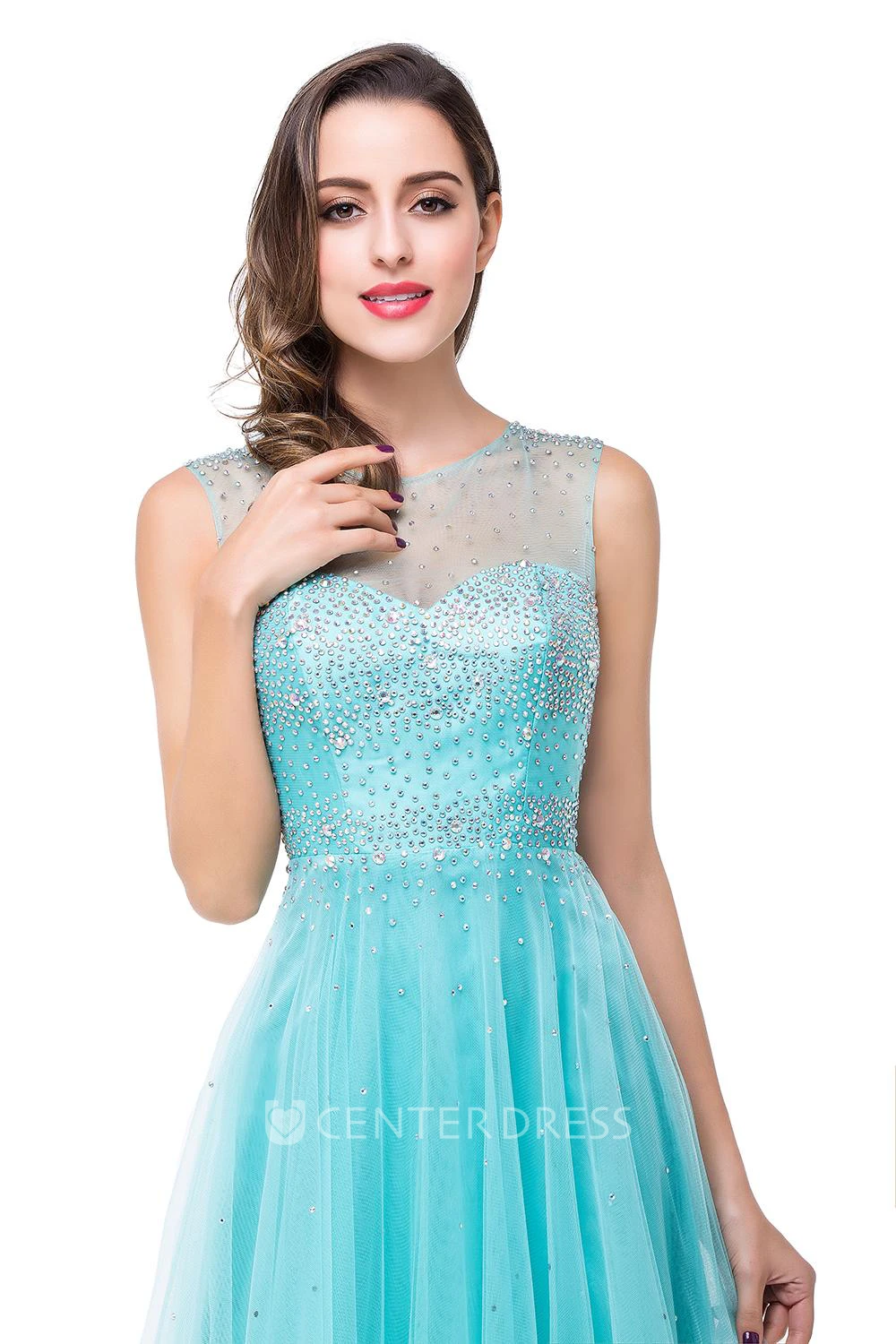 Delicate Beadings Illusion A-line Prom Dress Zipper Floor-length Sleeveless