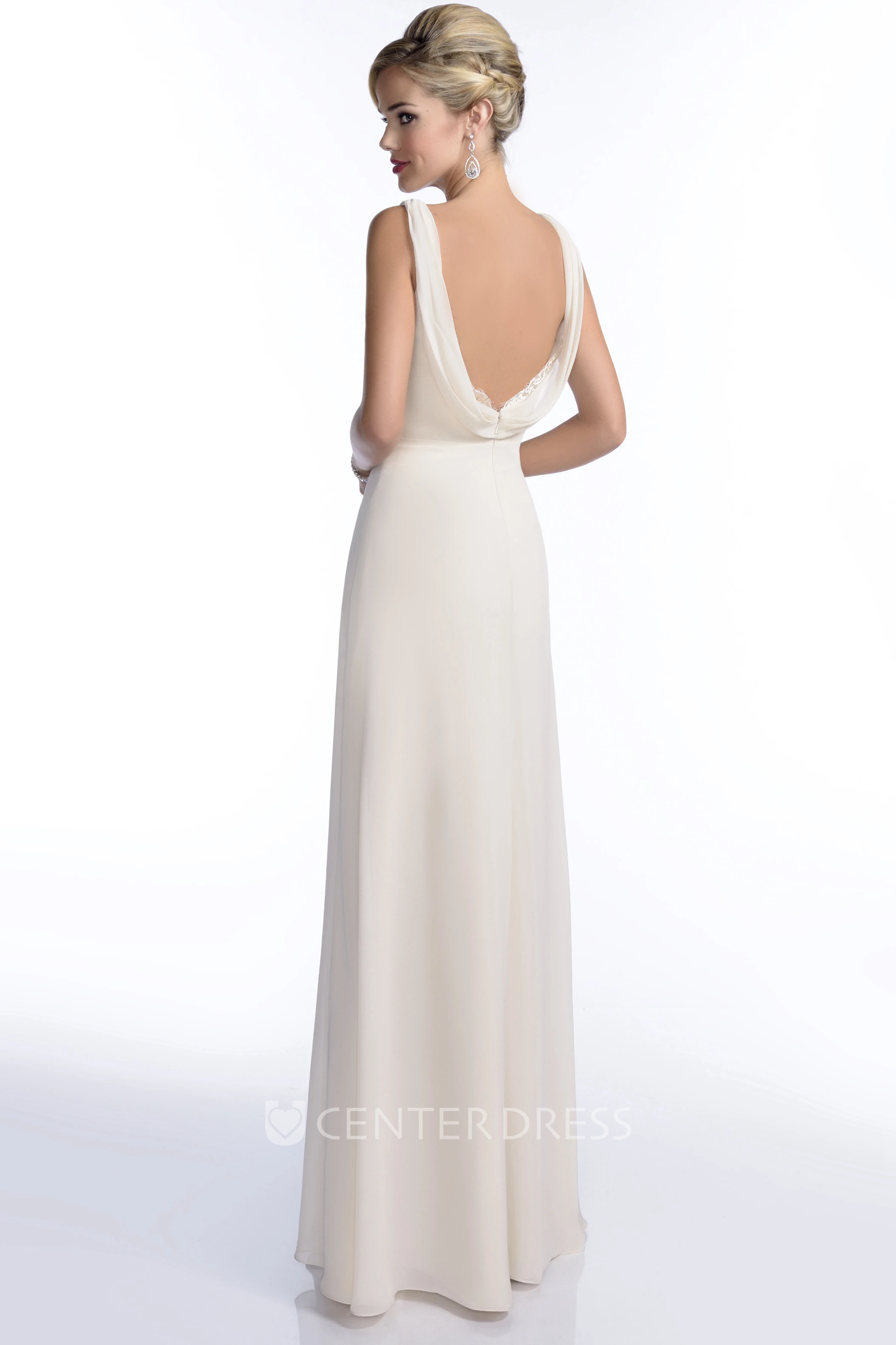 Crisscross V-Neck Sleeveless A-Line Chiffon Bridesmaid Dress Featuring Lace Trim