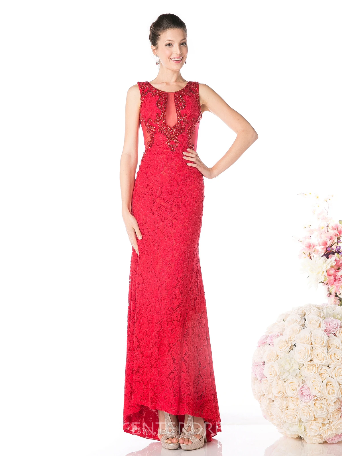 Sheath High-Low Scoop-Neck Sleeveless Lace Illusion Dress With Beading