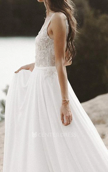 A Line Sleeveless Chiffon Lace Sexy Illusion Low-V Back Spring Wedding Dress with Beading