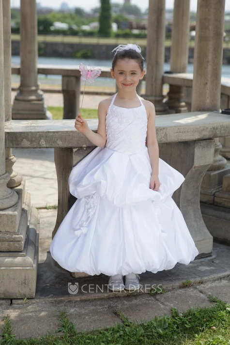 Flower Girl Halter Taffeta Long Dress With Ruffled Skirt