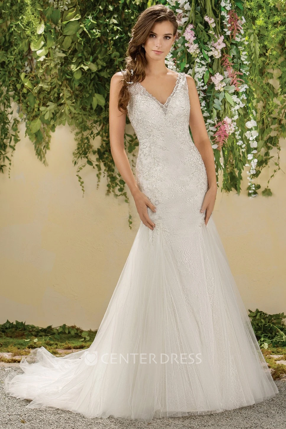V-Neck Sleeveless Mermaid Wedding Dress With Deep V-Back And Appliques