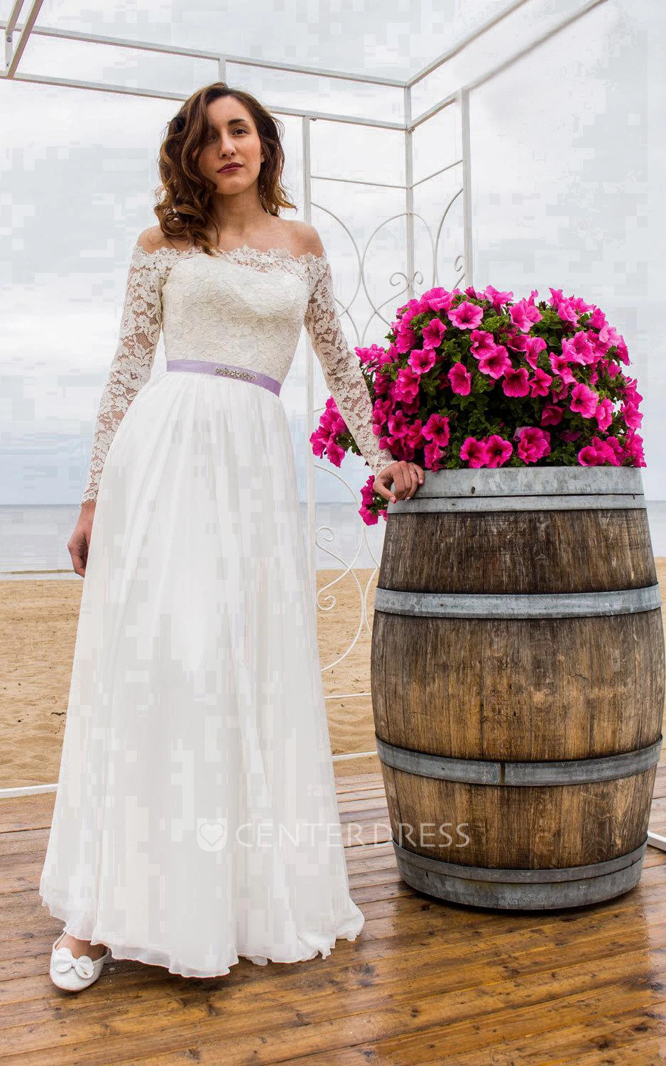 Off-Shoulder Long Sleeve Closed Sheer Back Wedding Dress With Chiffon Skirt