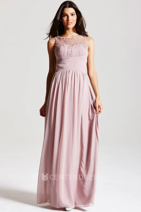 Ruched Sleeveless Bateau Neck Chiffon Bridesmaid Dress With Beading And Straps