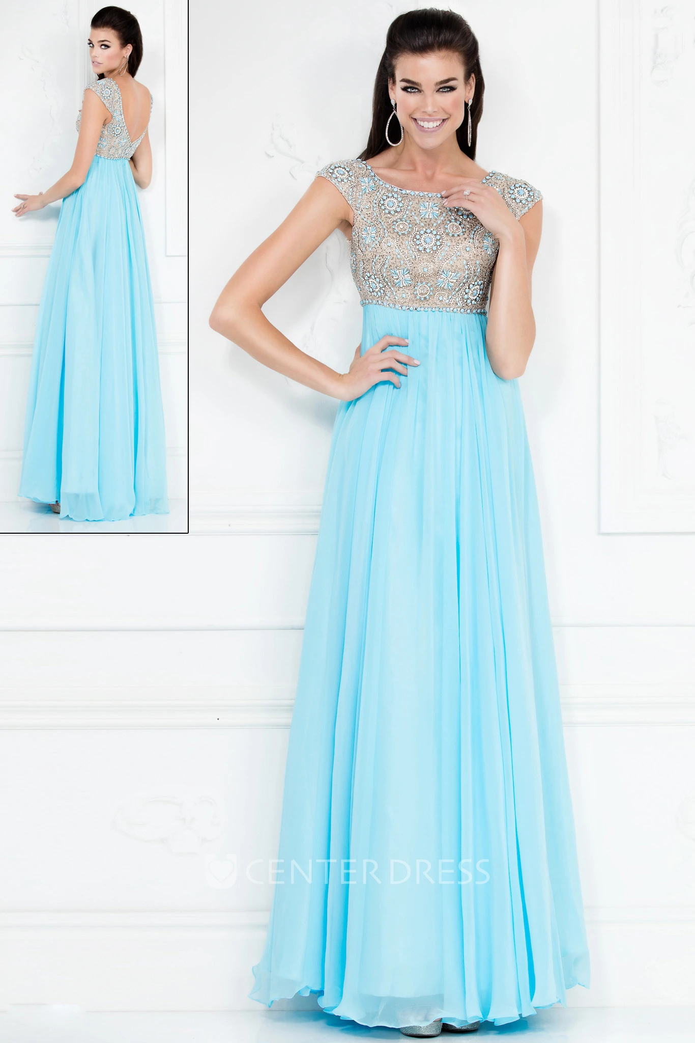 A-Line Scoop-Neck Cap Empire Chiffon Deep-V Back Dress With Beading And Pleats