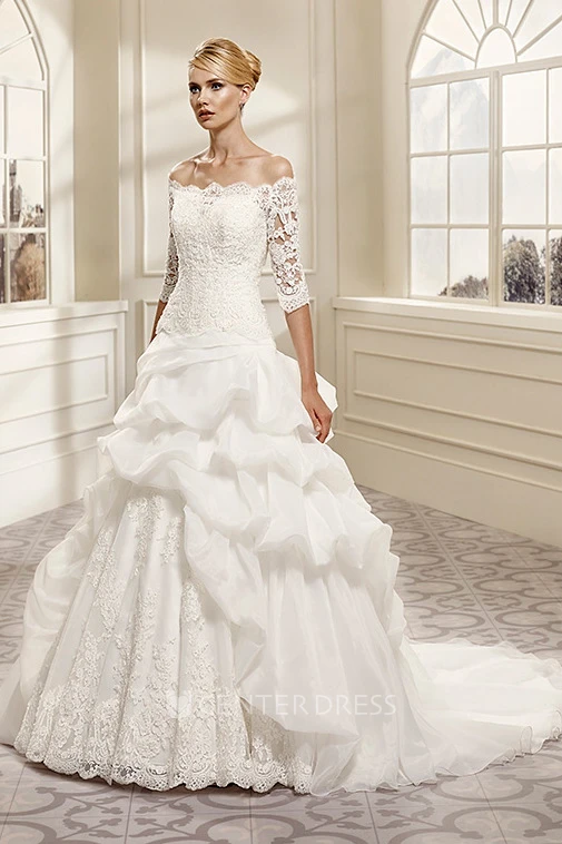 A-Line Maxi Pick-Up Half-Sleeve Off-The-Shoulder Organza Wedding Dress With Appliques And Tiers