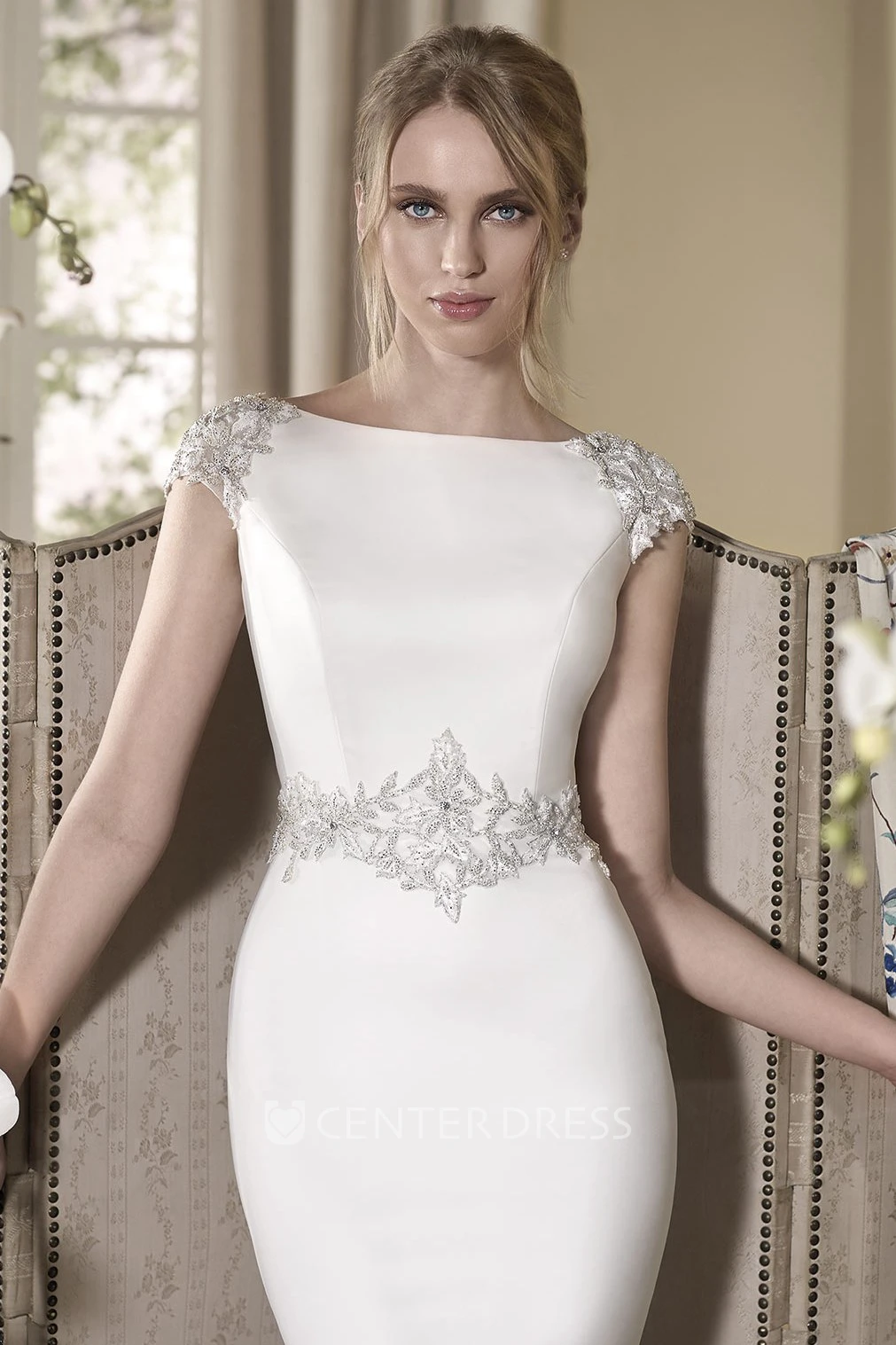 Sheath Cap-Sleeve Crystal Jewel-Neck Long Jersey Wedding Dress