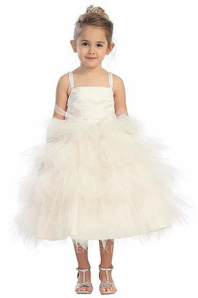 Spaghetti Tea-Length Beaded Tulle&Satin Flower Girl Dress