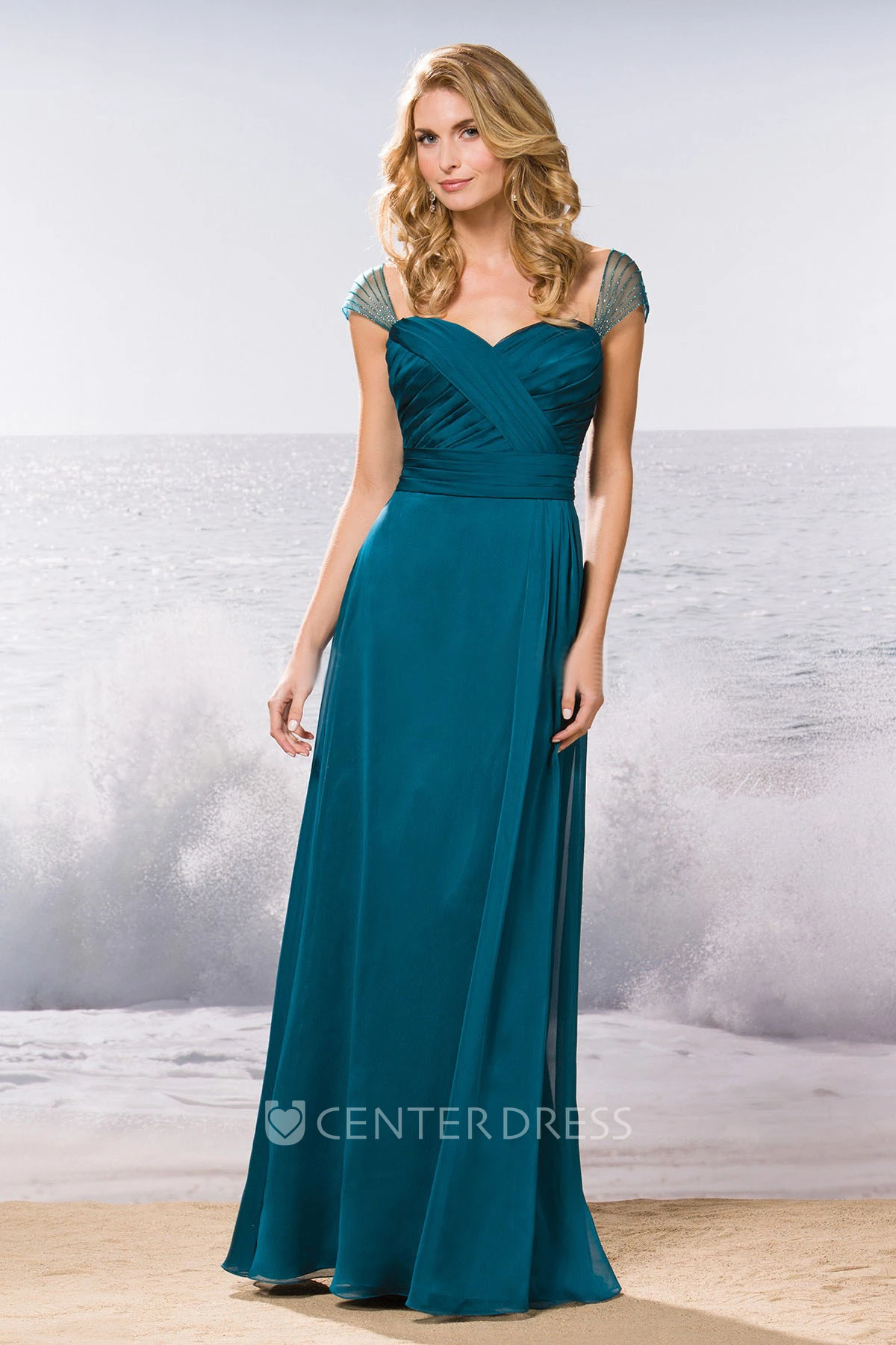 Cap-Sleeved Long Bridesmaid Dress With Crisscross Ruching And Beadings