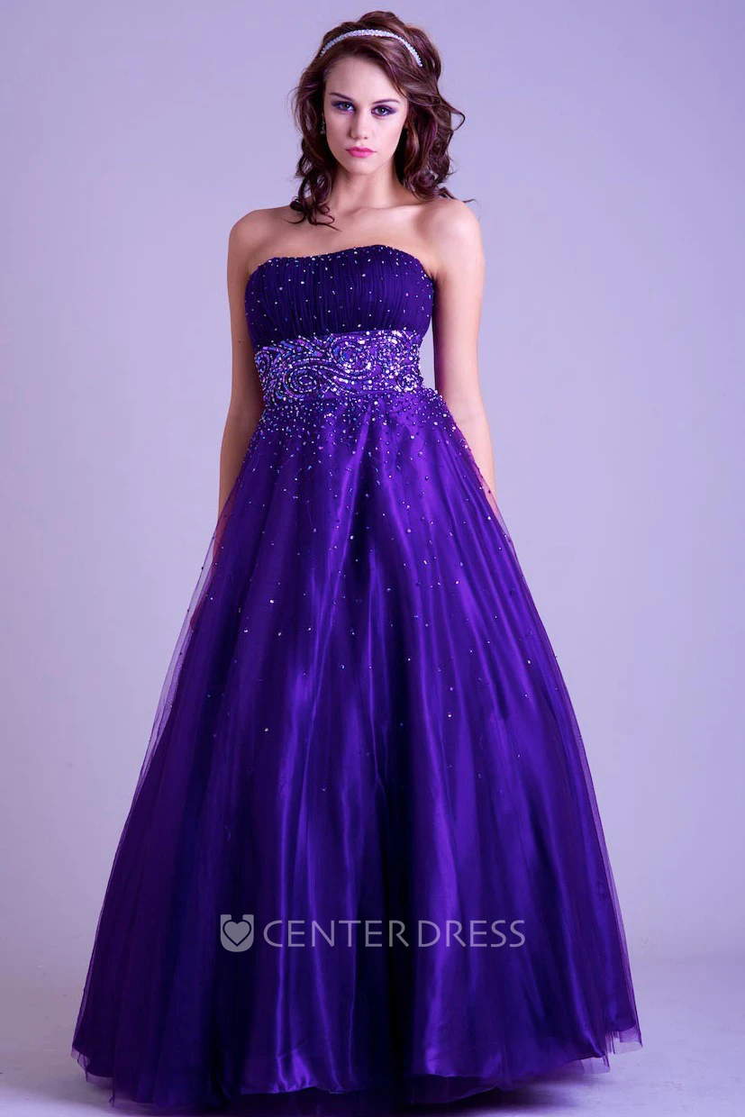 A-Line Sleeveless Long Strapless Ruched Tulle&Satin Prom Dress With Beading