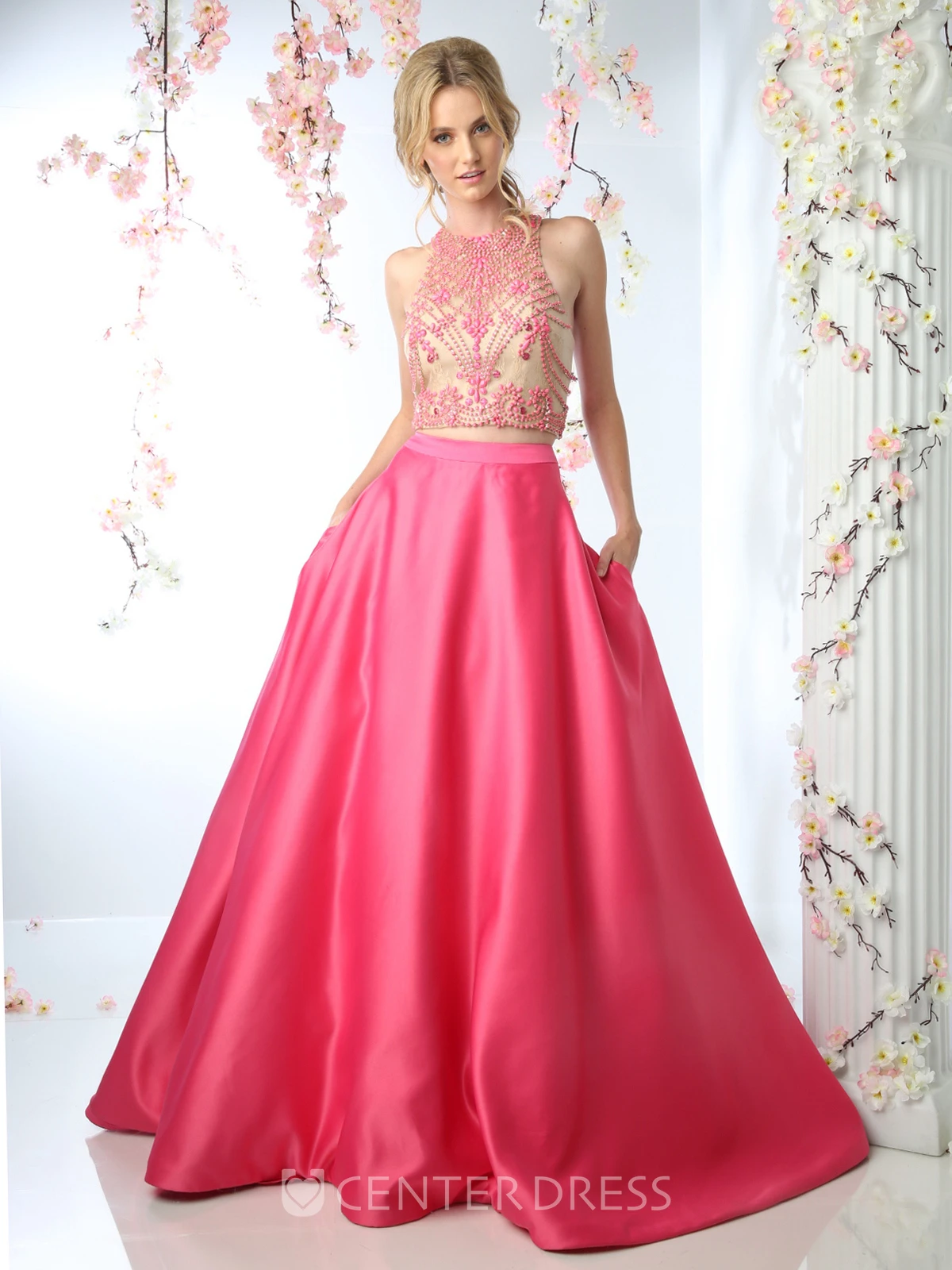 Ball Gown Jewel-Neck Sleeveless Satin Court Train Keyhole Dress With Beading