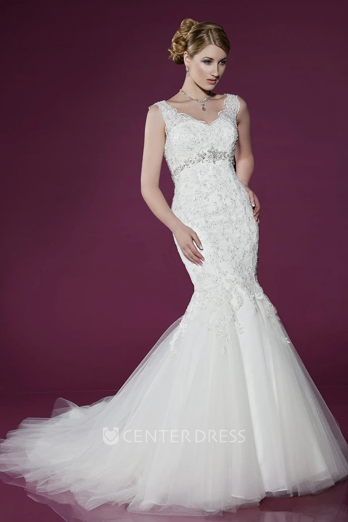 V-Neck Long Appliqued Pleated Natural Lace&Tulle Wedding Dress