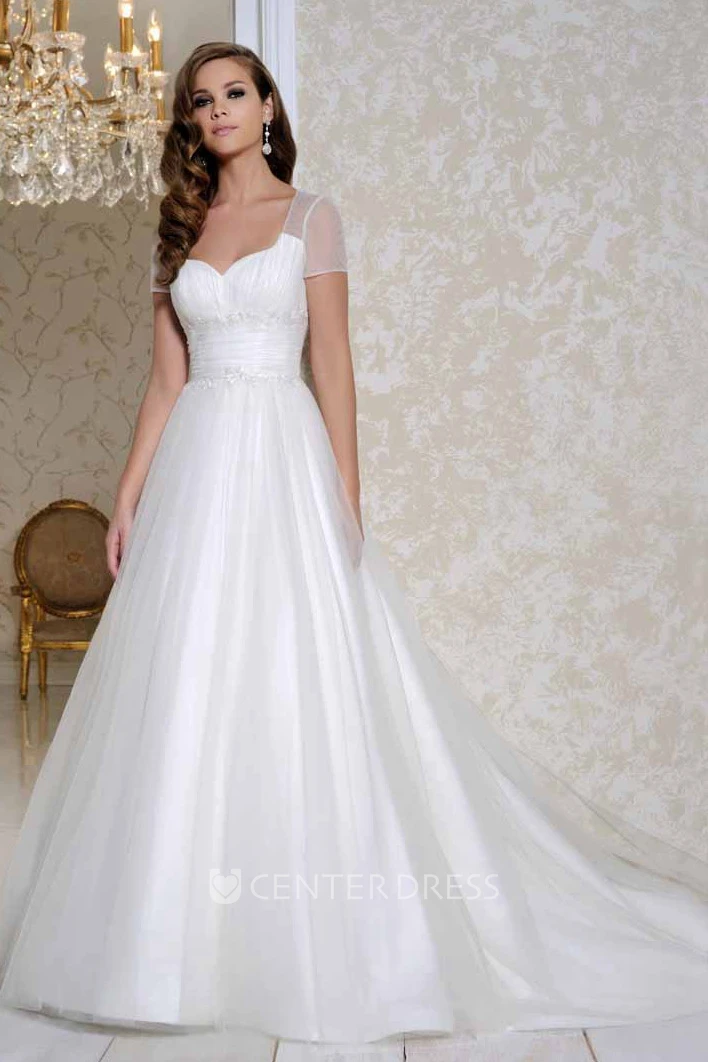 Maxi Square Ruched Short-Sleeve Organza Wedding Dress With Court Train And Keyhole