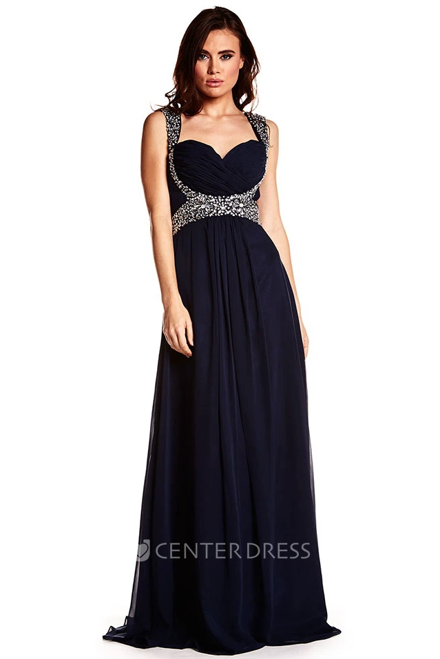 Sleeveless Beaded Strapped Chiffon Prom Dress With Criss Cross