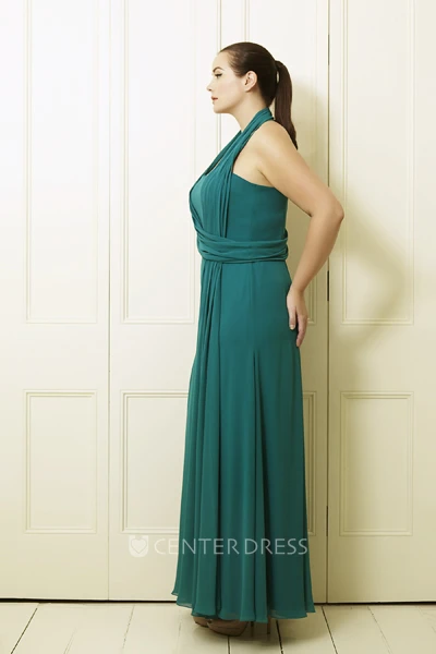 A-Line Pleated Sleeveless Ankle-Length Haltered Chiffon Plus Size Prom Dress
