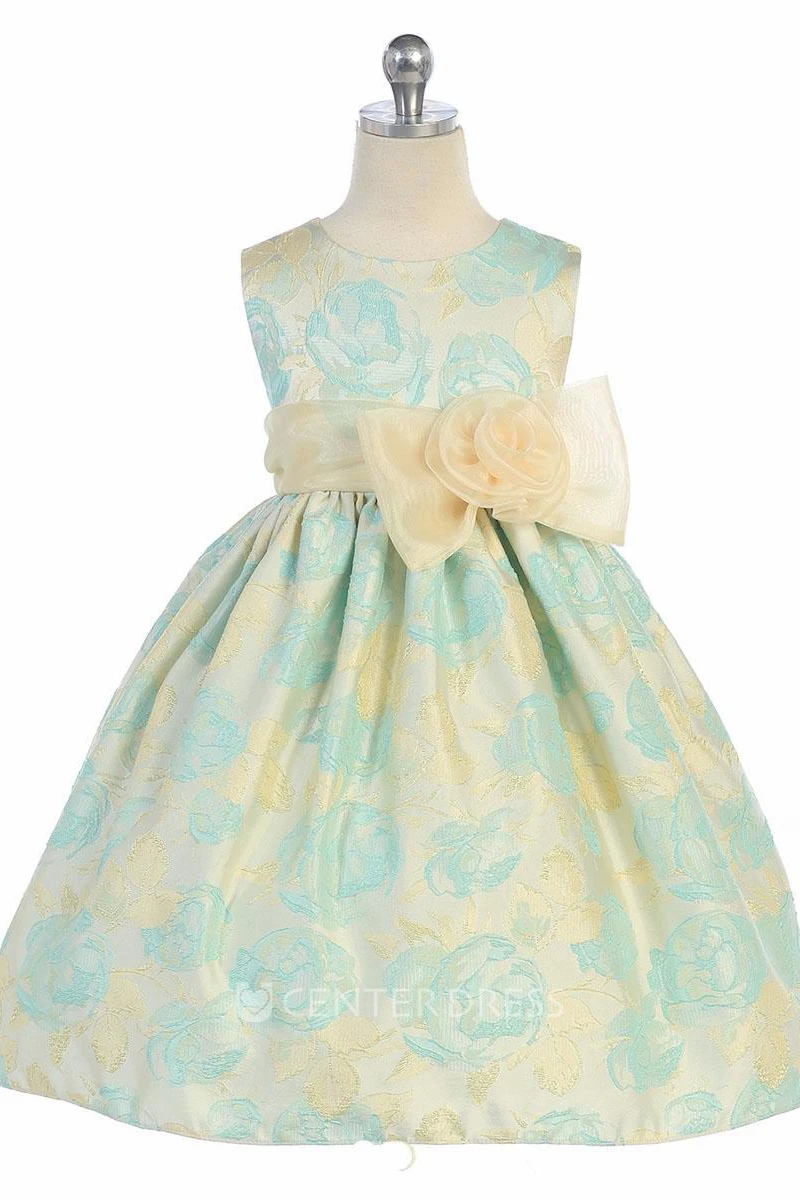 Tea-Length Floral Bowed Floral Organza&Satin Flower Girl Dress With Ribbon