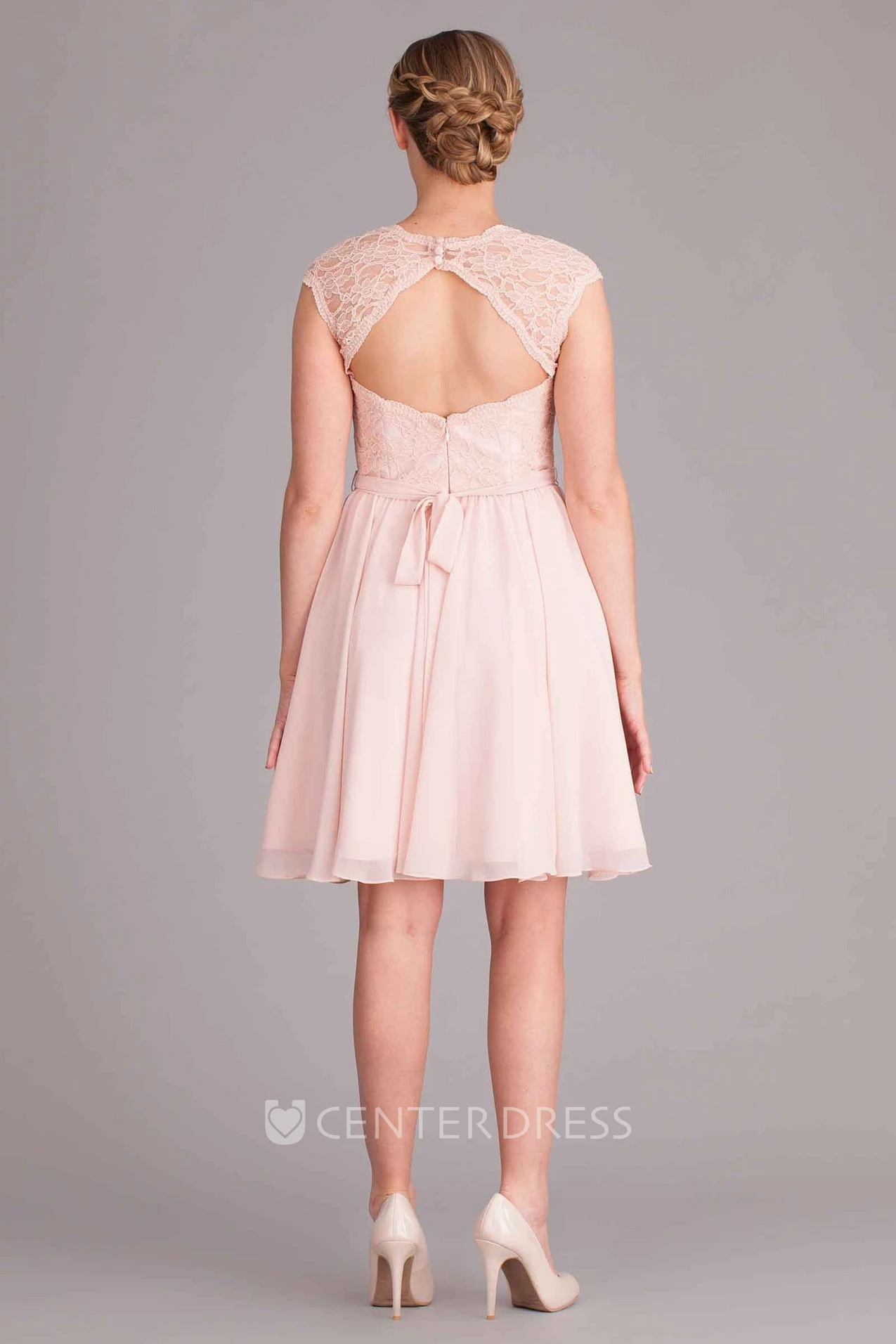 Knee-Length Cap Sleeve V-Neck Lace Chiffon Bridesmaid Dress