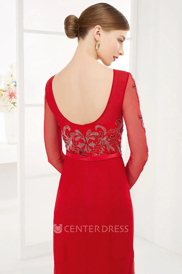 Bateau Neck U Back Tulle Long Prom Dress With Long Sleeve And Bow Belt