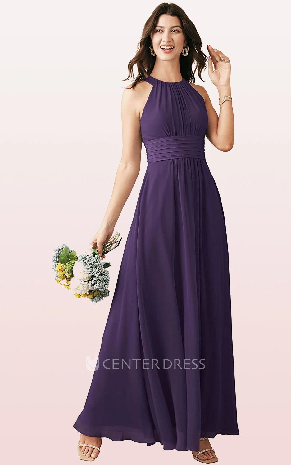 Elegant Chiffon Ankle-length Halter A Line Sleeveless Bridesmaid Dress With Ruching