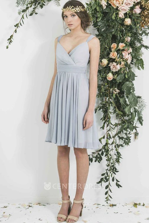 Mini Strapped Pleated Sleeveless Chiffon Bridesmaid Dress