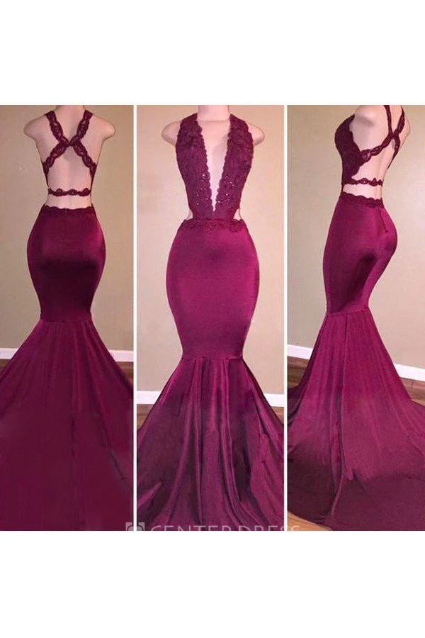 Sleeveless Sweep Brush Train Mermaid Trumpet Halter Satin Lace Dress