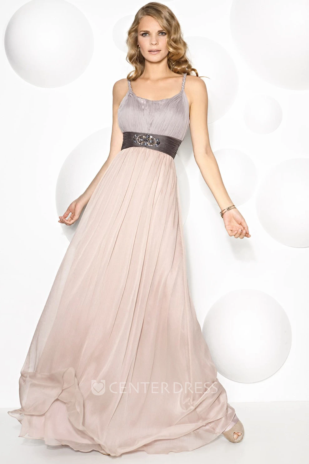 A-Line Maxi Strapped Ruched Sleeveless Prom Dress With Pleats And Beading