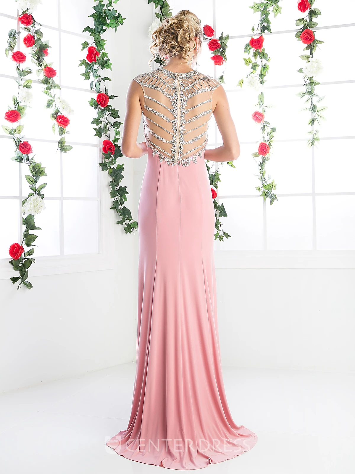 Sheath Jewel-Neck Sleeveless Jersey Illusion Dress With Beading And Split Front