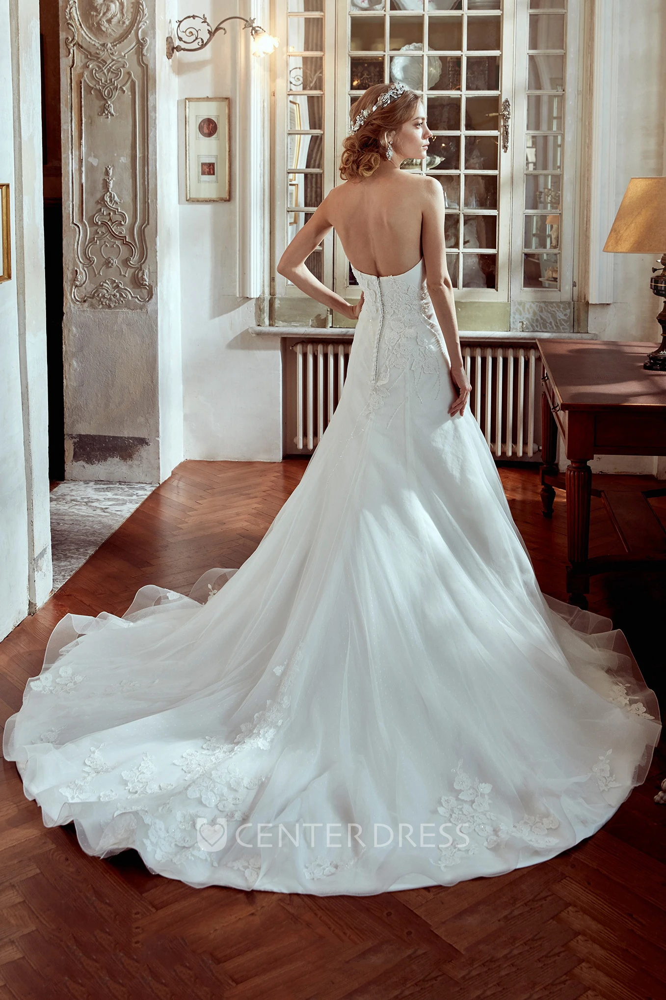 Strapless Wedding Dress With Beaded Appliques and Brush Train  