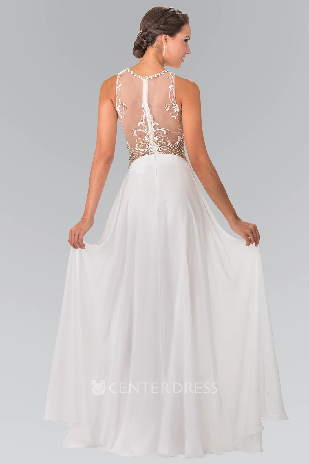 Sheath Long Jewel-Neck Sleeveless Chiffon Illusion Dress With Beading