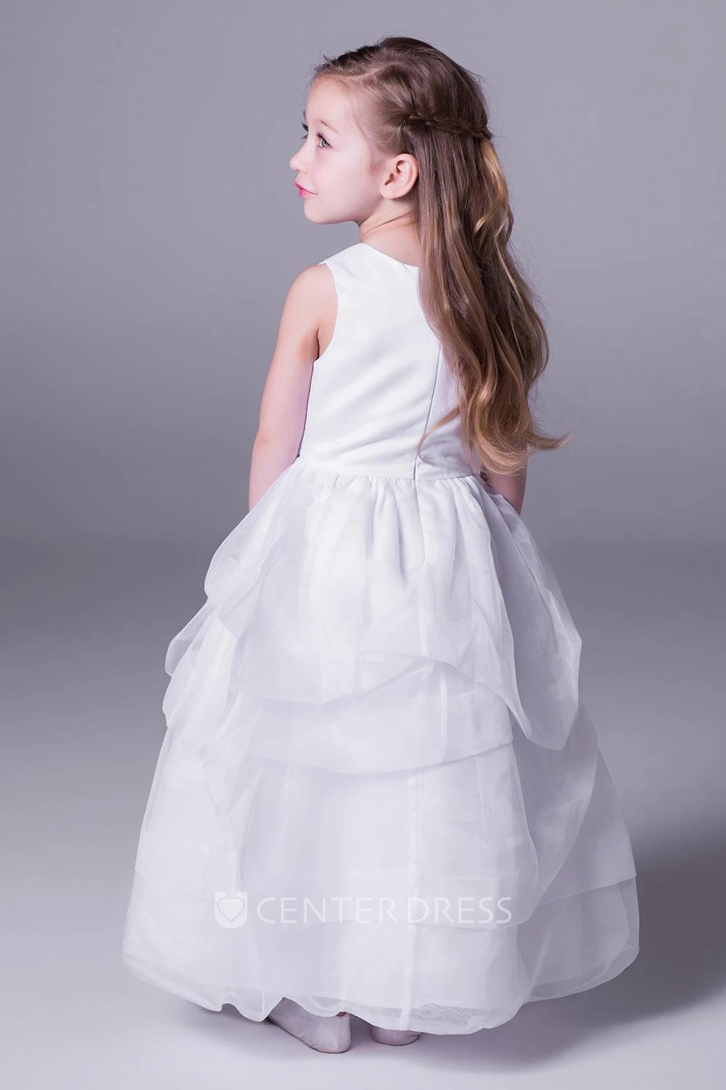 A-Line Scoop-Neck Sleeveless Floor-Length Pick-Up Satin Flower Girl Dress