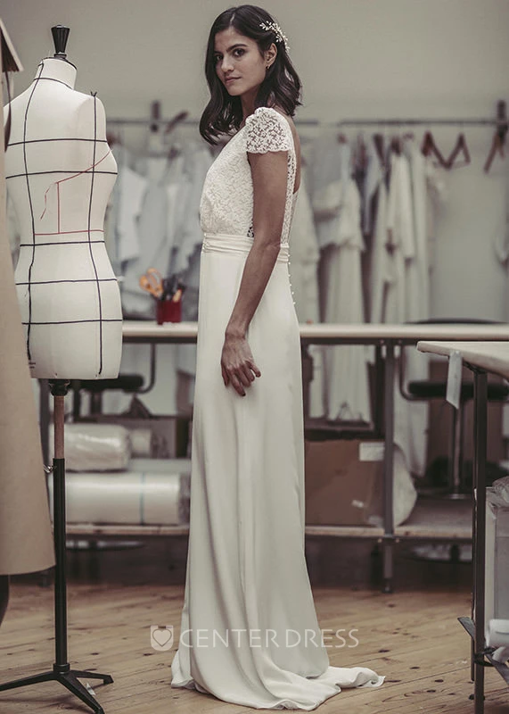 Plunging Puff Sleeve Open Back Cute Lace And Satin Wedding Dress