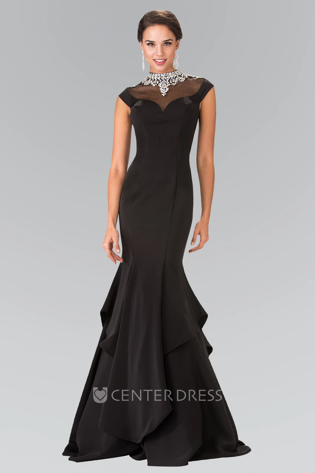 Mermaid Long High Neck Cap-Sleeve Satin Illusion Dress With Beading And Draping