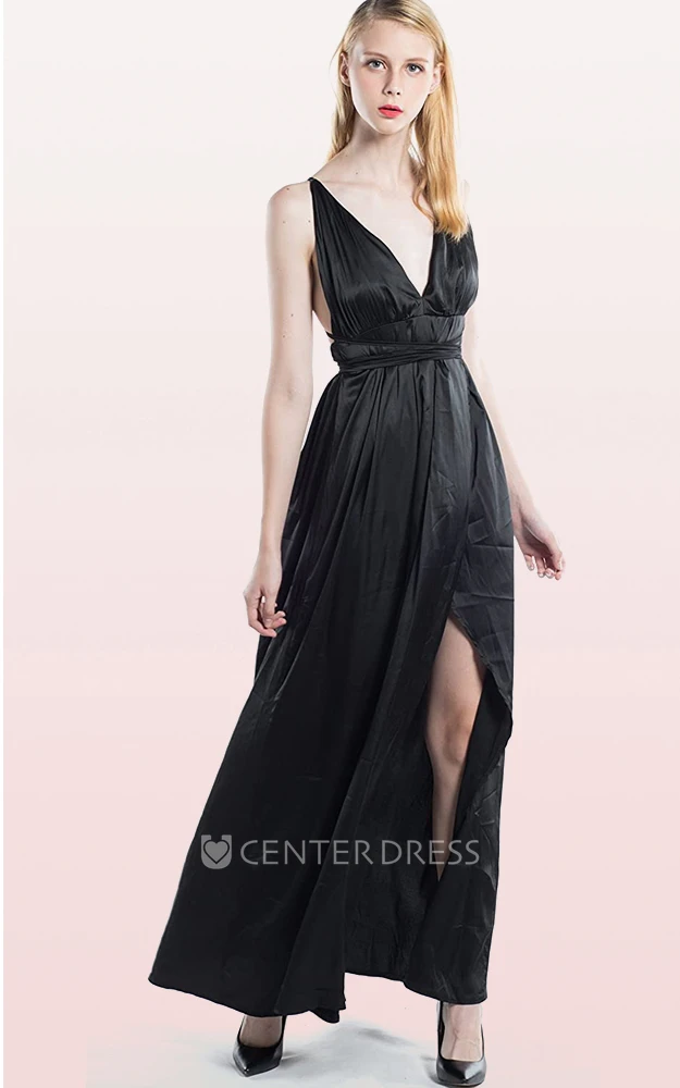 Romantic A Line Satin V-neck Cowel Guest Dress With Split Front and Ruffles