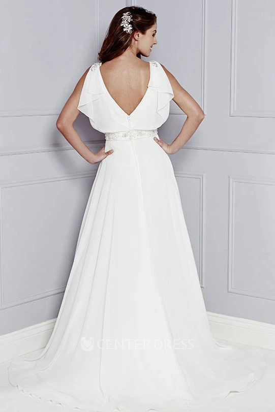V-Neck Sleeveless Draped Maxi Chiffon Wedding Dress With Beading And V Back