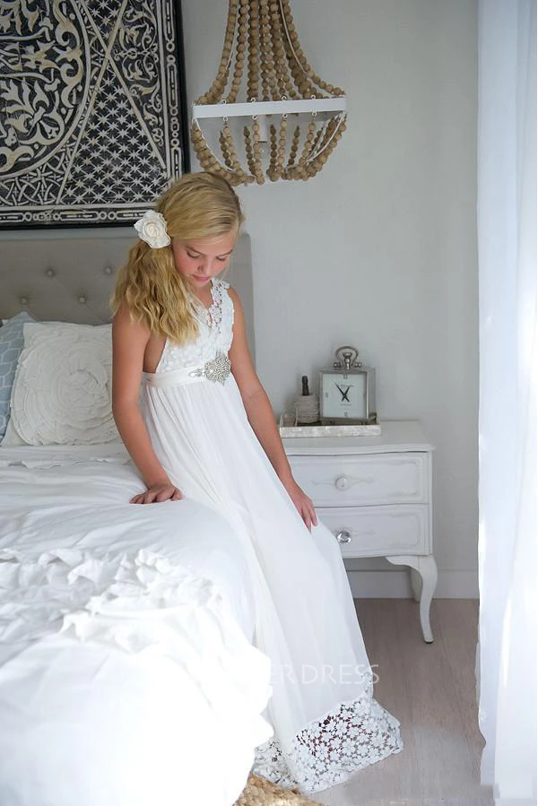 Empire Sleeveless Ethereal Sweep-Train V-Neck Boho Flowergirl Dress With Sash & Bow