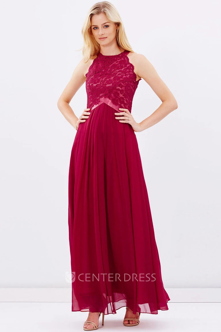 Ankle-Length Sleeveless Appliqued Scoop Neck Chiffon Bridesmaid Dress