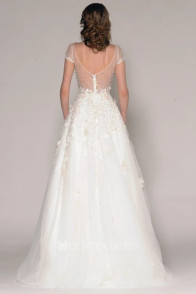A-Line Short-Sleeve Beaded Floor-Length V-Neck Tulle Wedding Dress With Embroidery And Flower