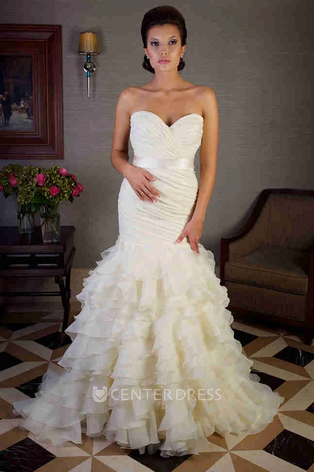 Mermaid Sweetheart Tiered Organza Wedding Dress With Criss Cross And Ribbon